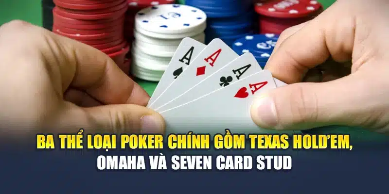 Ba thể loại poker chính gồm Texas Hold’em, Omaha và Seven Card Stud